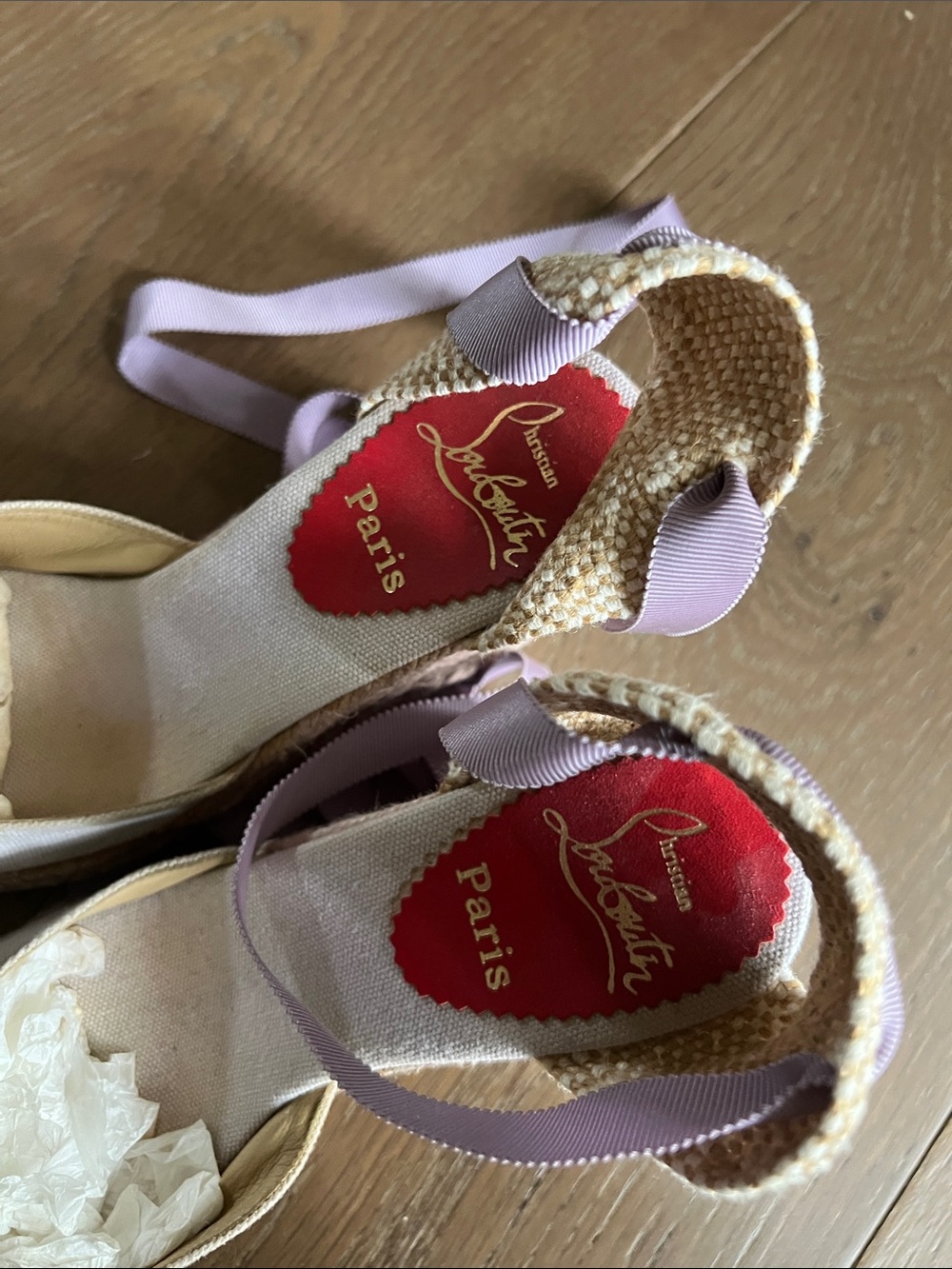 Christian Louboutin Beige Espadrille Wedges with Lavender Ankle Ribbons - Picture 4 of 4